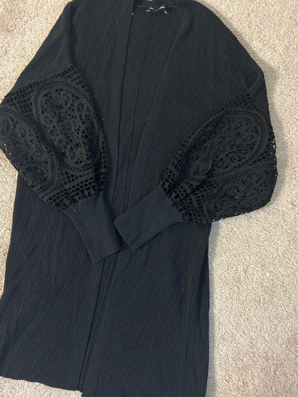 Express Black Ribbed Cardigan with Lace Balloon Sleeves